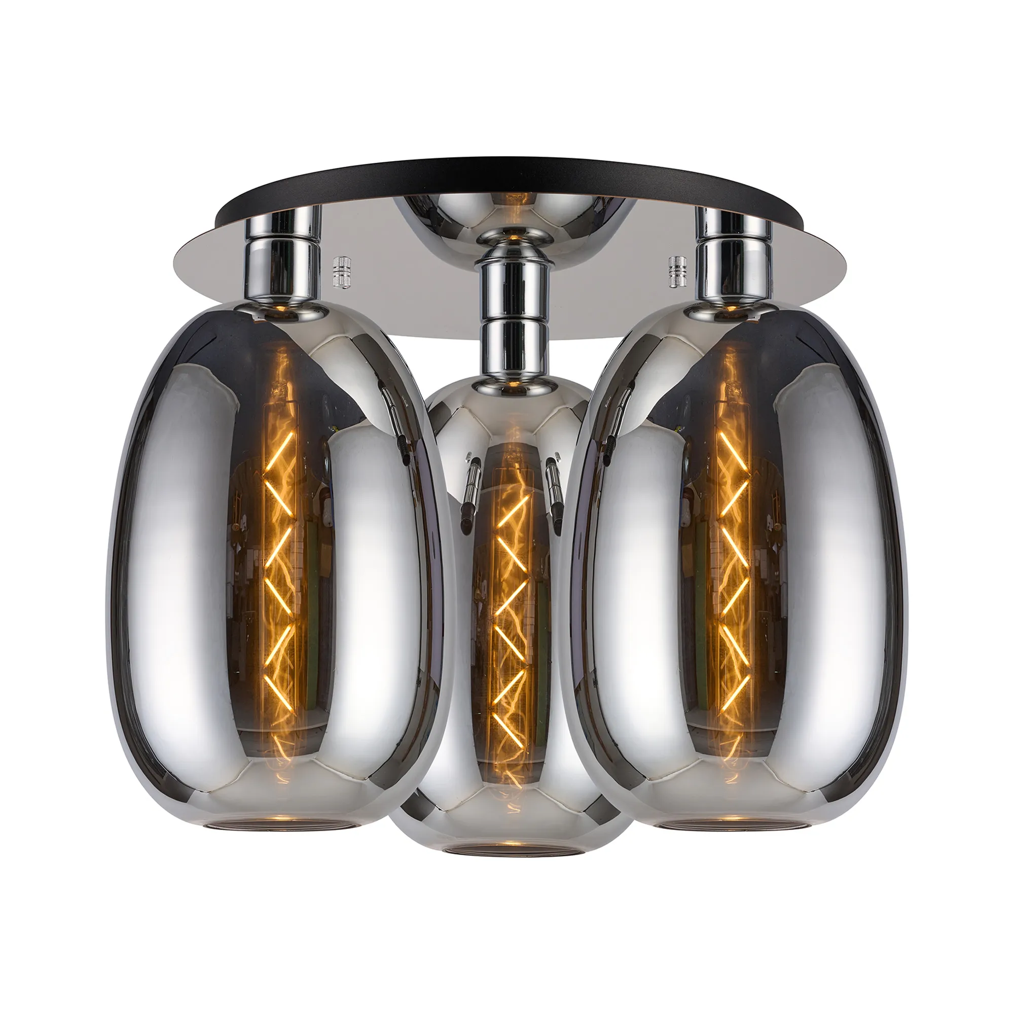DK1341  Lori 40cm Round Ceiling Flush, 3 Light Flush Fitting, Polished Chrome/Chrome Slim Curved Trapezium Shades